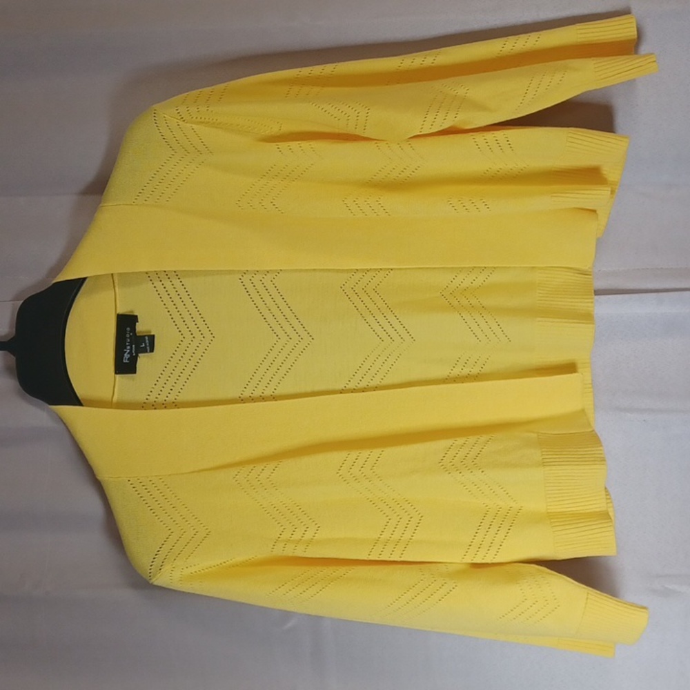 RN Studio Canary Happy Yellow Pointelle Open Front Cropped Cardigan Sweater